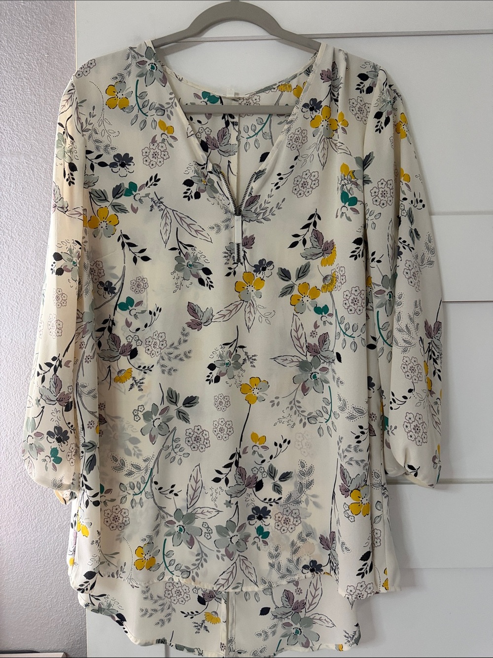 Maurices Cream Floral Blouse with Yellow and Teal Accents